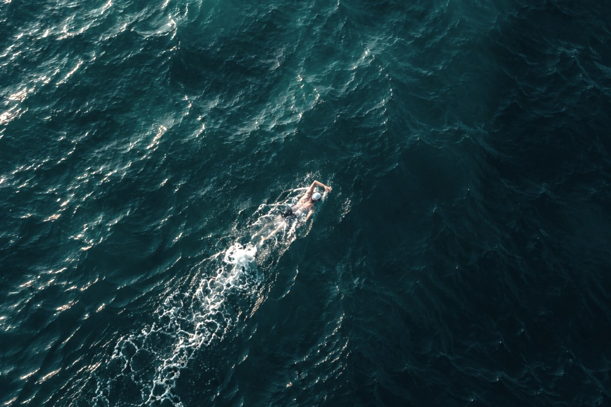 Aerial view of a lone open-water swimmer trailing a wake