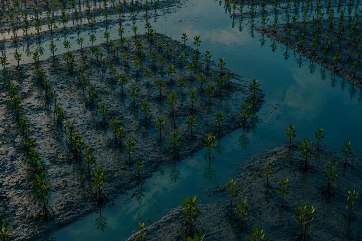 Aerial view of mangrove seedlings planted in rows across tidal mud